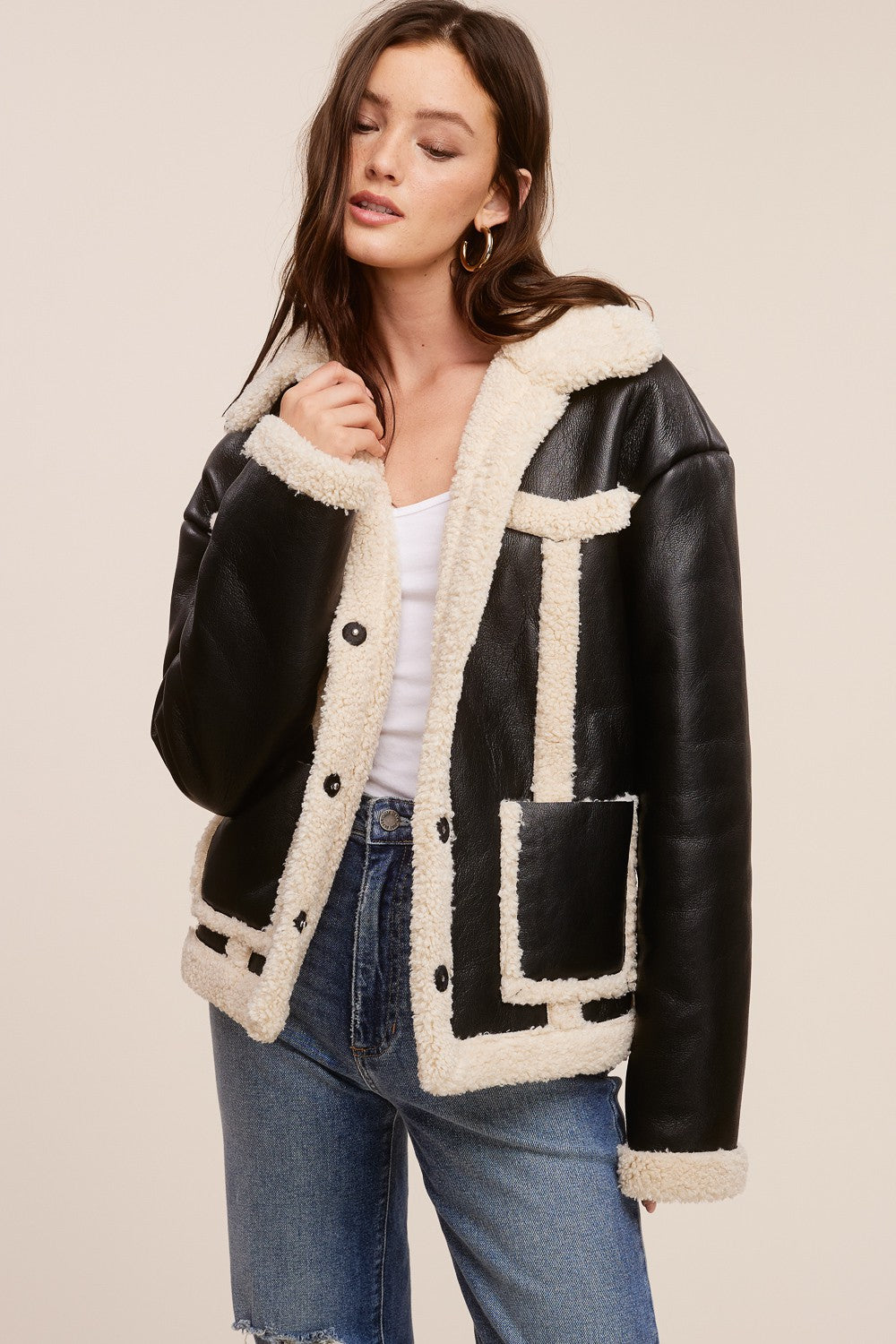 Jolie Vegan Leather Shearling Jacket (Black)