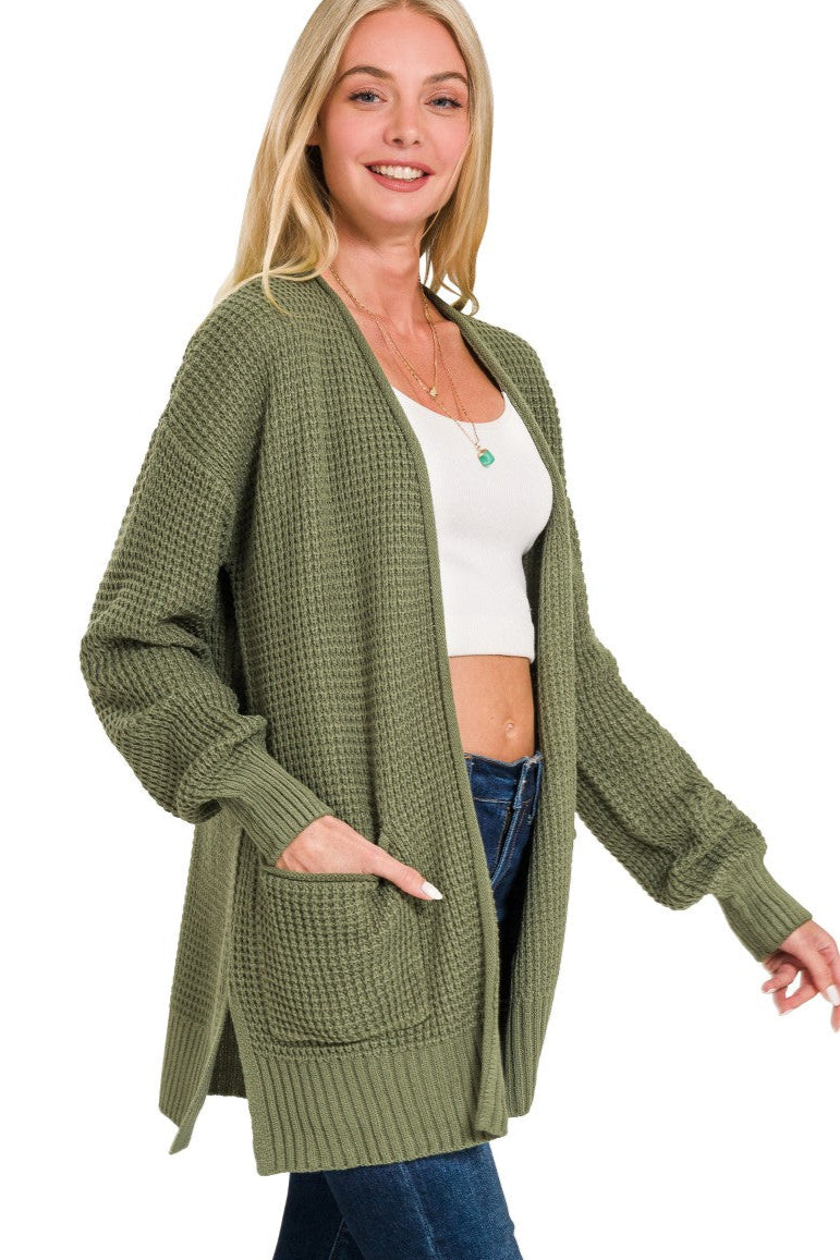 Zen Waffle Knit Cardigan (Light Olive)