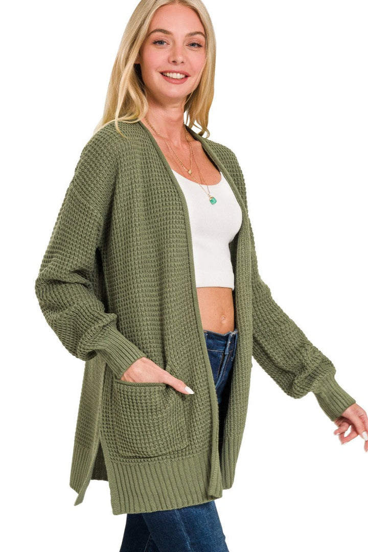 Zen Waffle Knit Cardigan (Light Olive)