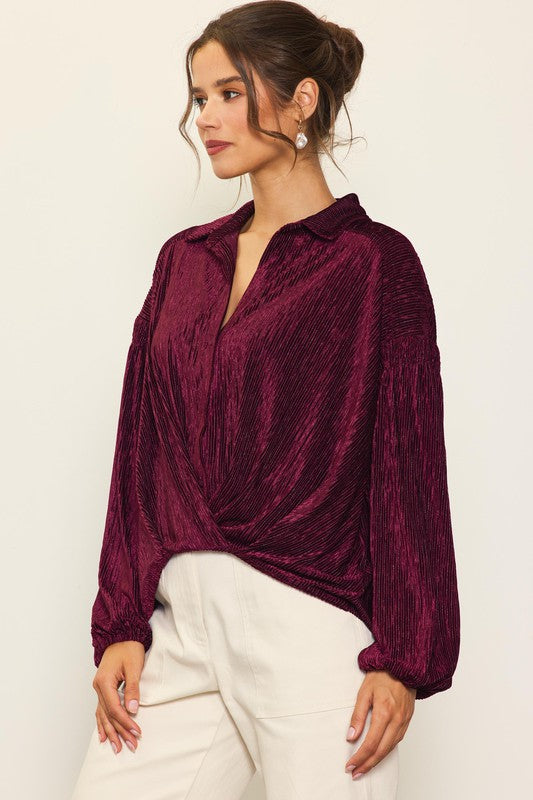 Skies Are Blue Velvet Button Down Top (Burgundy)