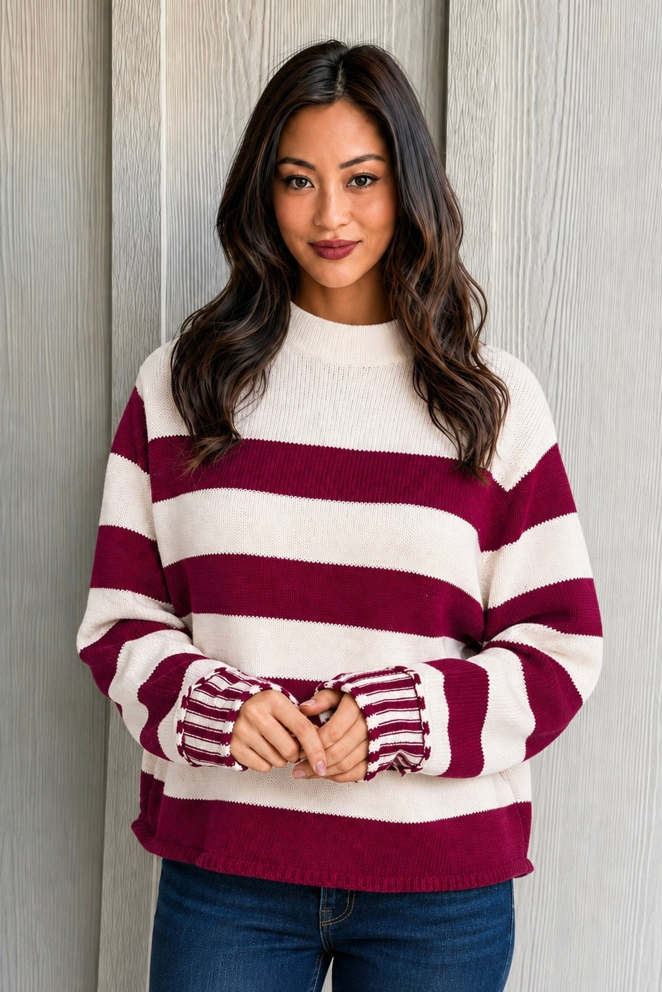 Zen Striped Cotton Sweater (Cabernet)