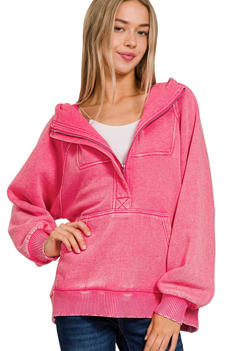 Zen Washed Fleece Pocket Hoodie (Fuchsia)