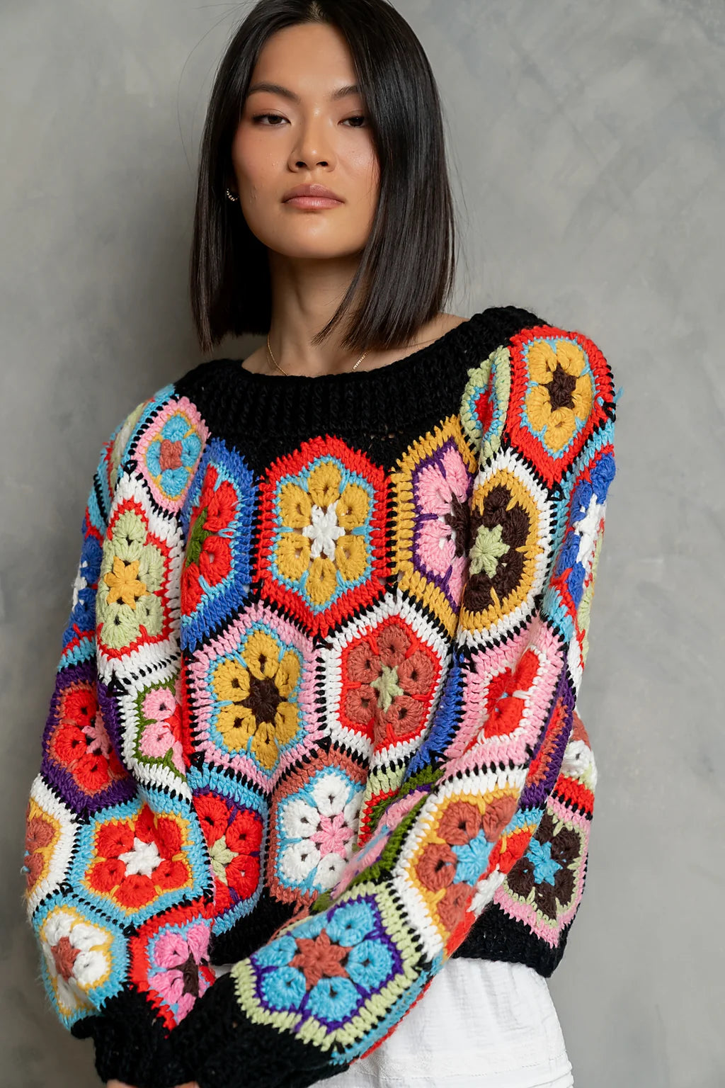 My Cozy Floral Crochet Sweater (Black)
