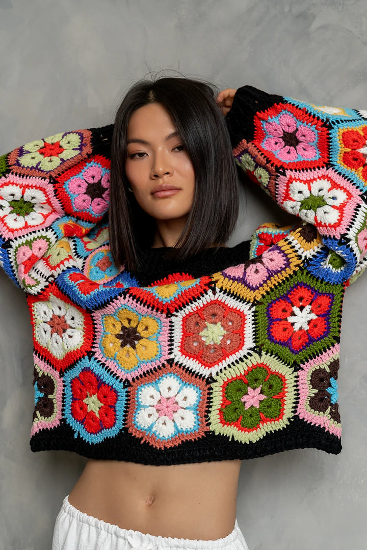 My Cozy Floral Crochet Sweater (Black)