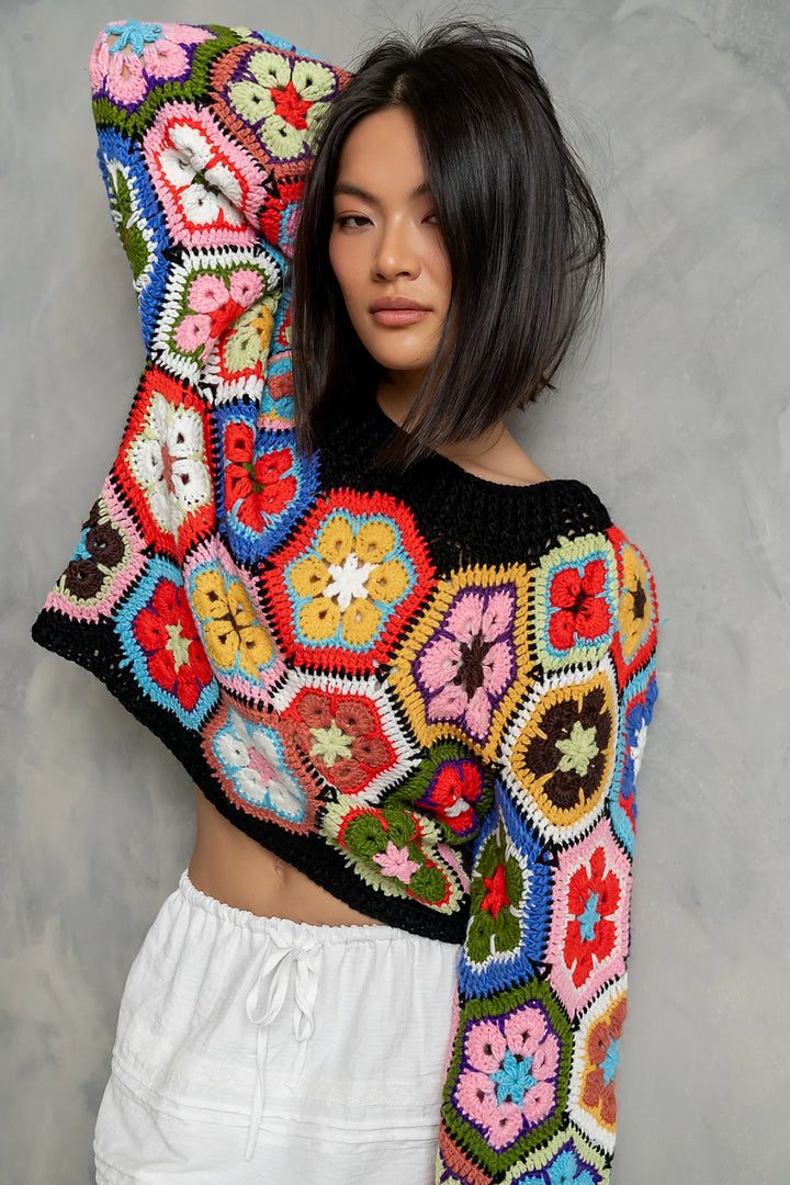 My Cozy Floral Crochet Sweater (Black)
