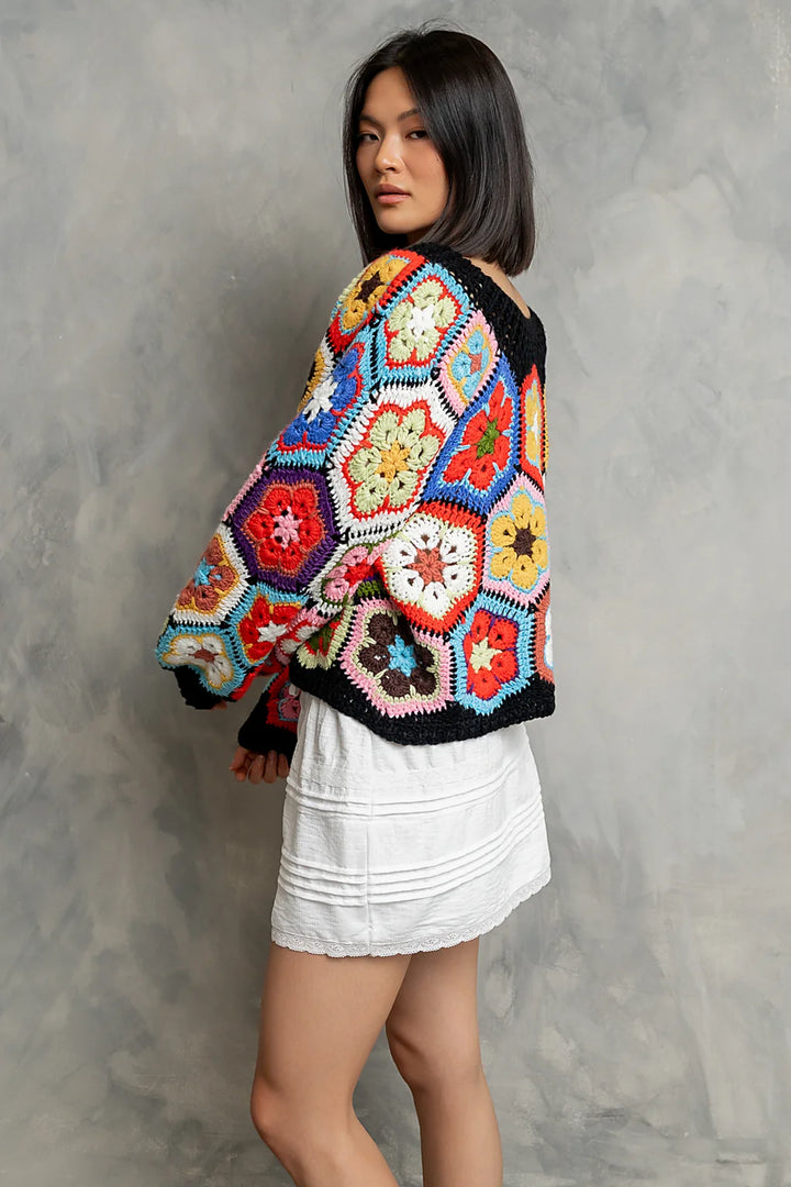 My Cozy Floral Crochet Sweater (Black)