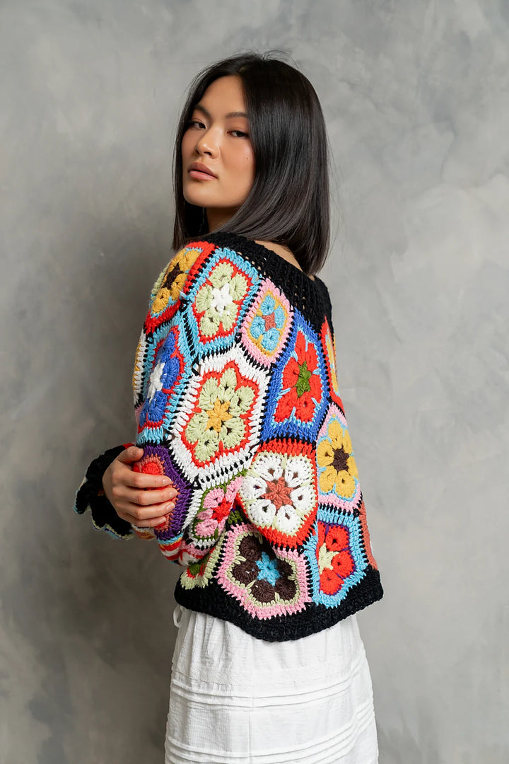 My Cozy Floral Crochet Sweater (Black)