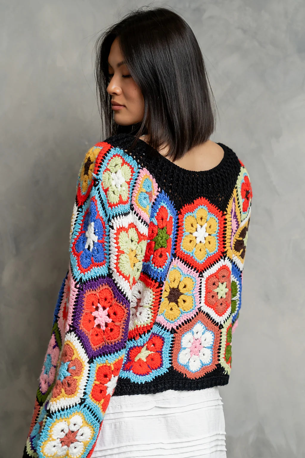 My Cozy Floral Crochet Sweater (Black)