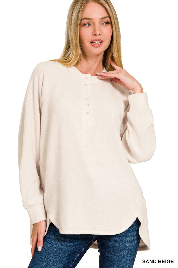 Zen Ultra Soft Button Knit Top (Sand Beige)