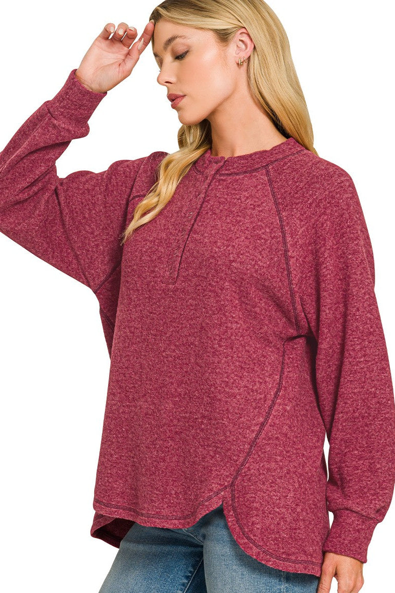 Zen Ultra Soft Button Knit Top (Dark Burgundy)