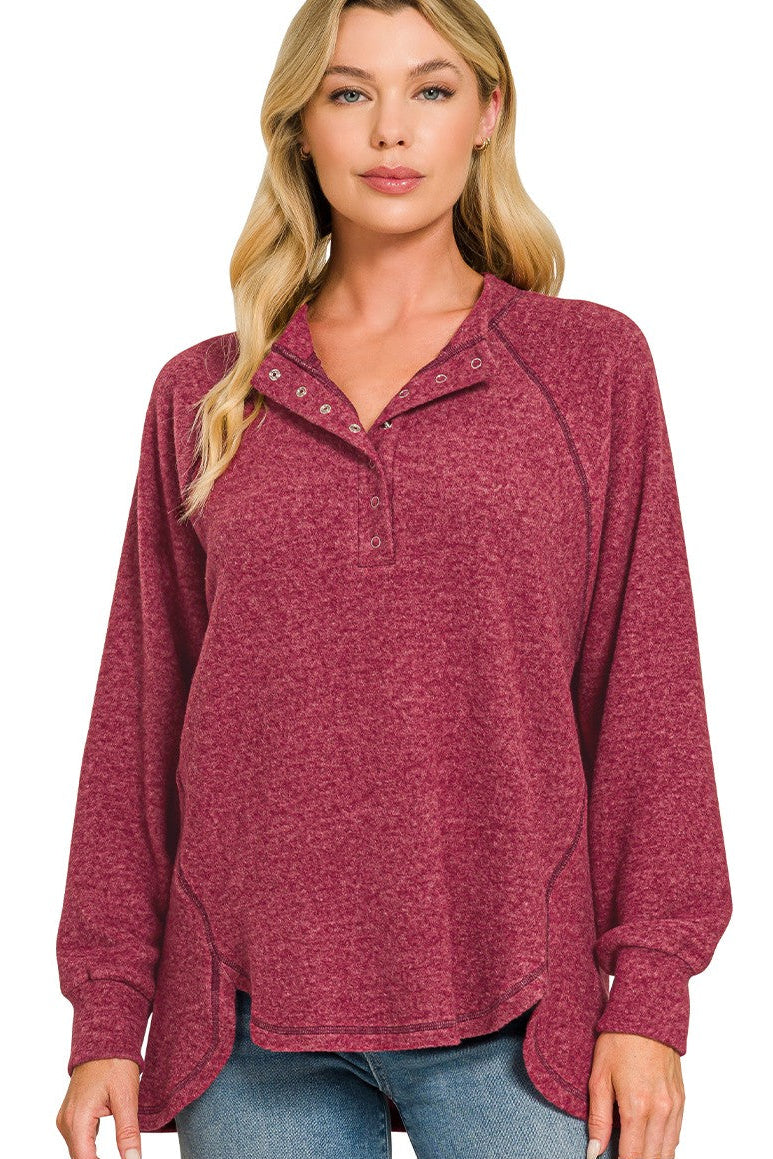 Zen Ultra Soft Button Knit Top (Dark Burgundy)