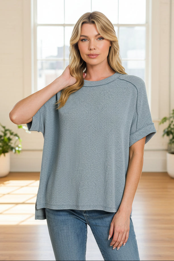 Zen Rib Round Neck Tee (Blue Grey)