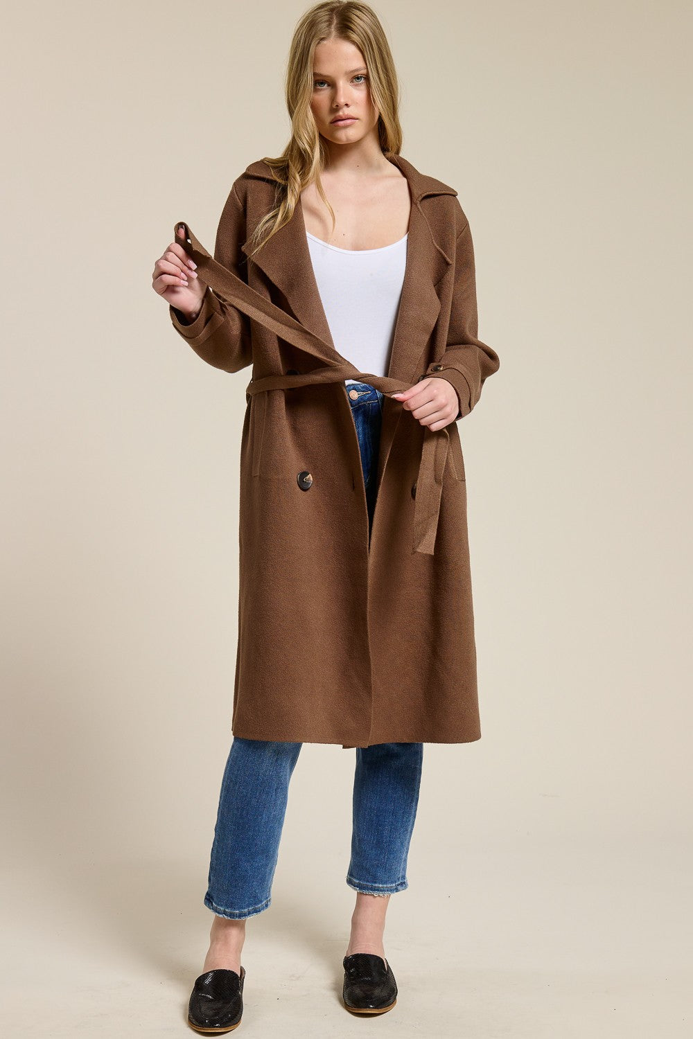 Jolie Cashmere Knit Trench Coat (Chocolate Brown)