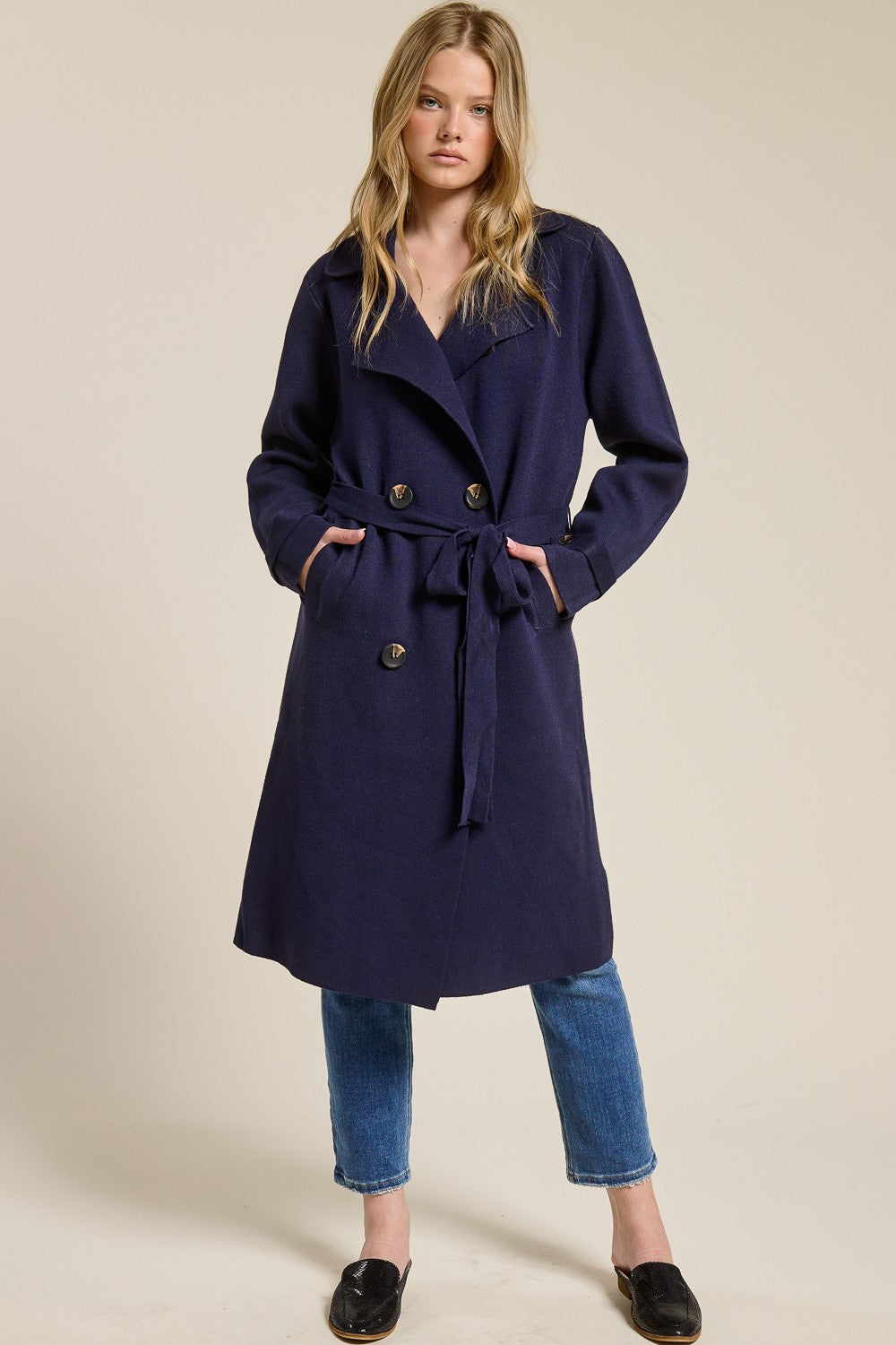Jolie Cashmere Knit Trench Coat (Navy)