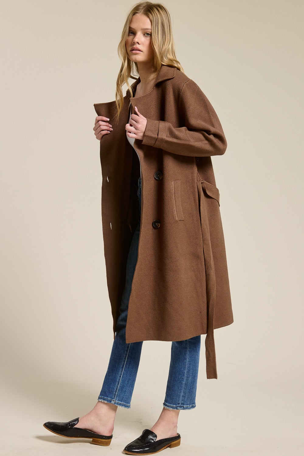 Jolie Cashmere Knit Trench Coat (Chocolate Brown)