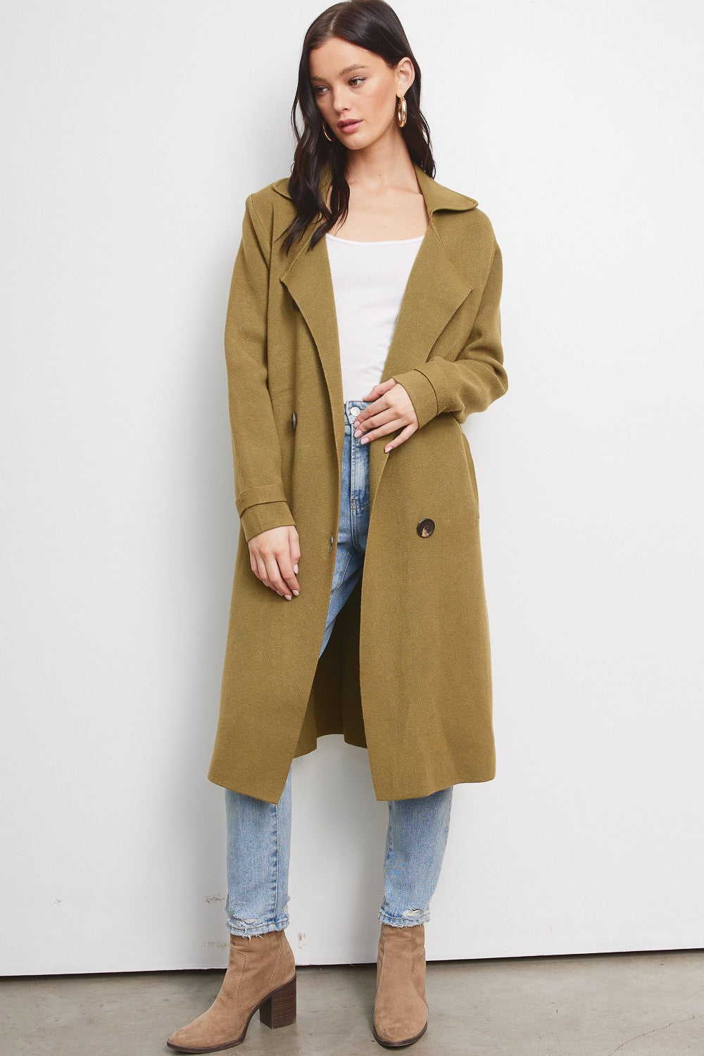 Jolie Cashmere Knit Trench Coat (Olive)