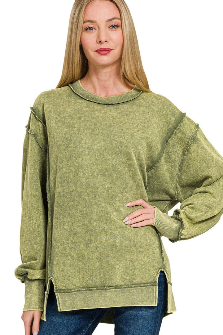 Zen Acid Wash Cotton Sweatshirt (Light Olive)