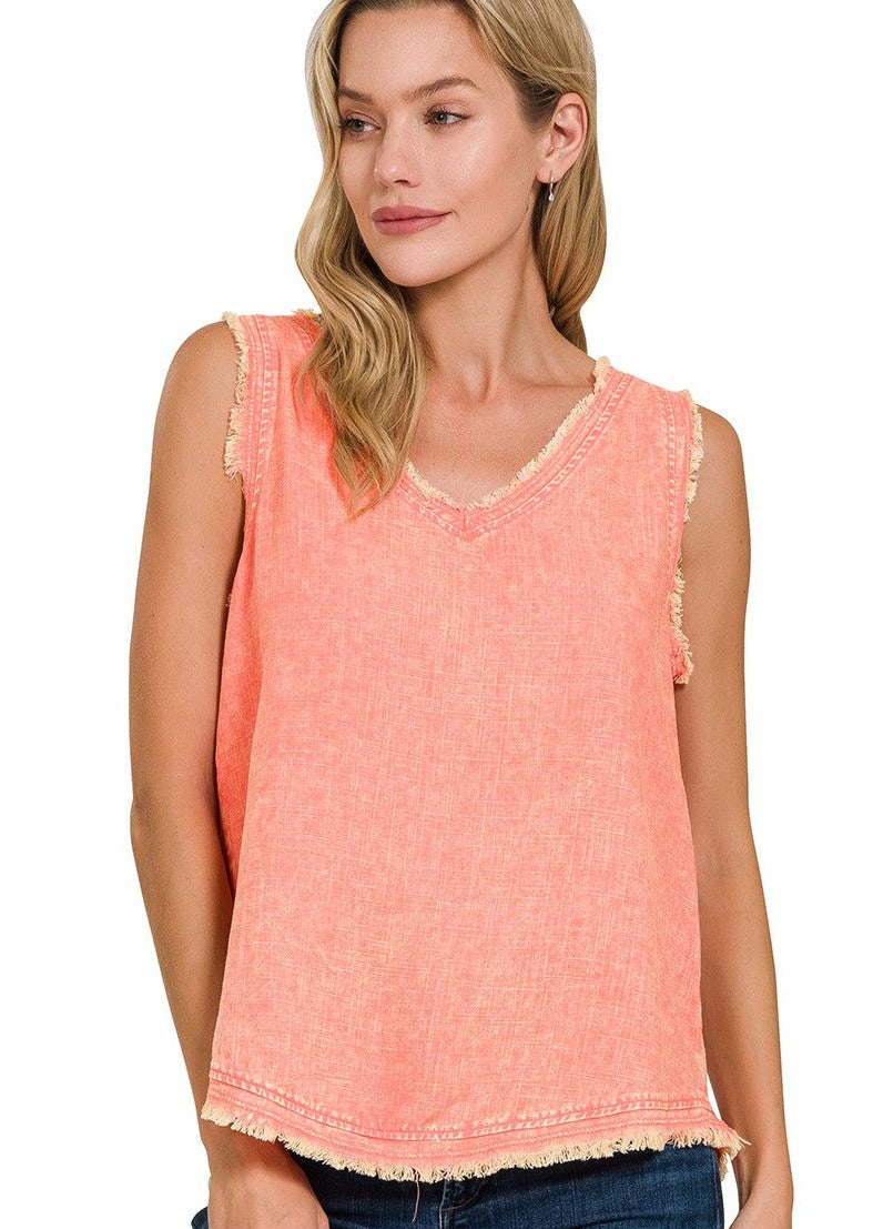 Zen Washed Linen Fray Tank (Coral)