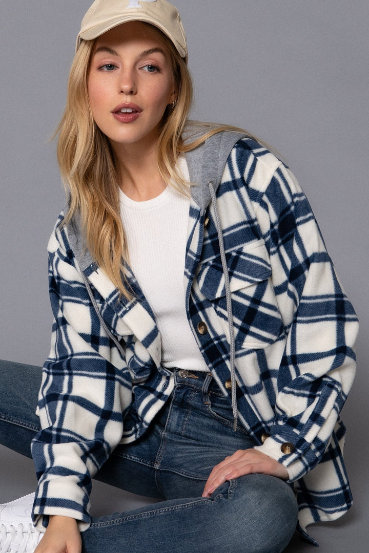 Active Basic Hooded Fleece Flannel (Ivory/Navy)