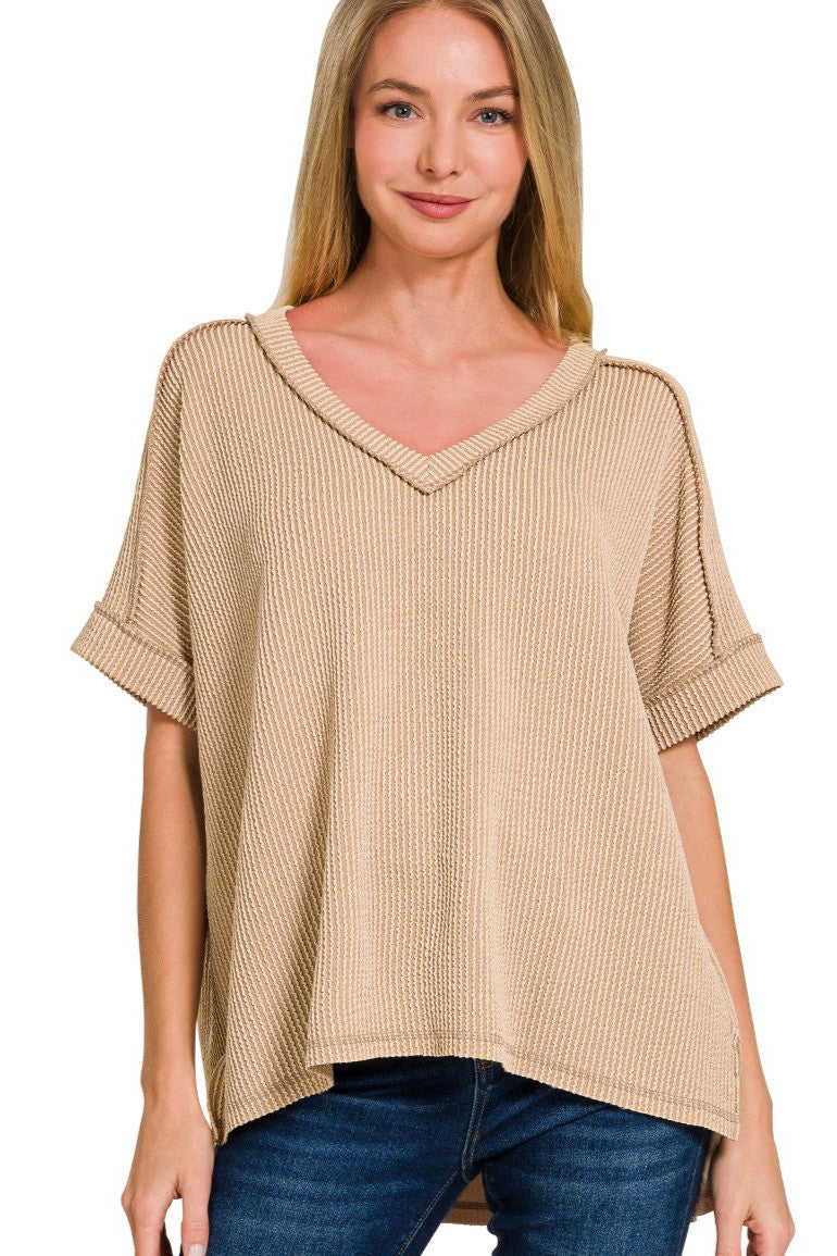 Zen Rib V Neck Hi-Low Tee (Light Mocha)