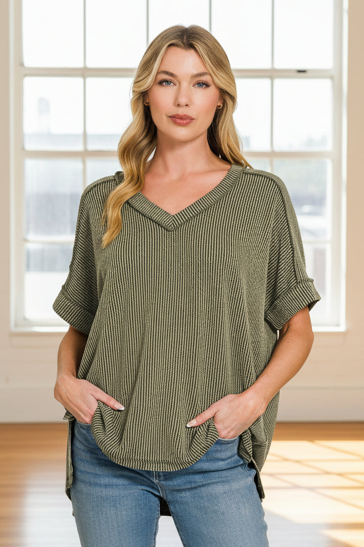 Zen Rib V Neck Tee (Olive)