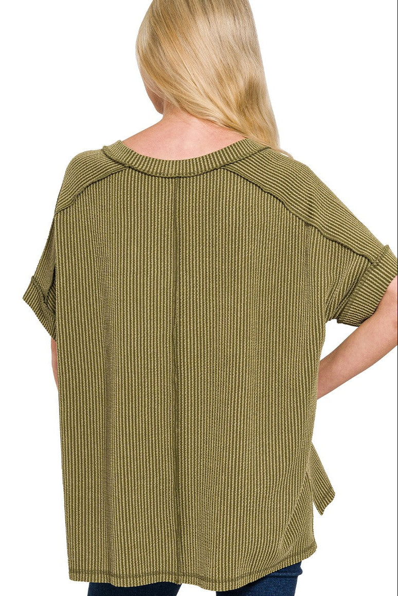 Zen Rib V Neck Hi-Low Tee (Olive)