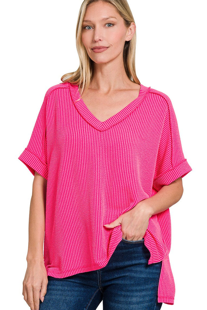 Zen Rib V Neck Hi-Low Tee (Hot Pink)