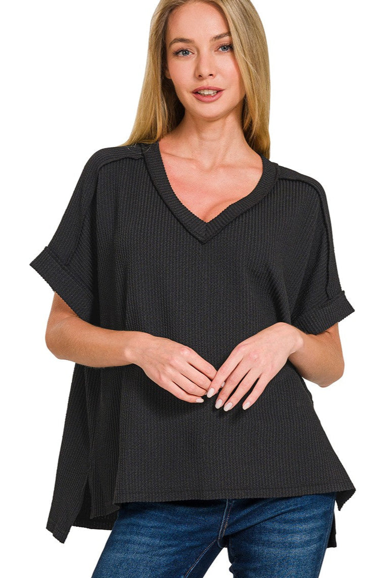 Zen Rib V Neck Hi-Low Tee (Black)