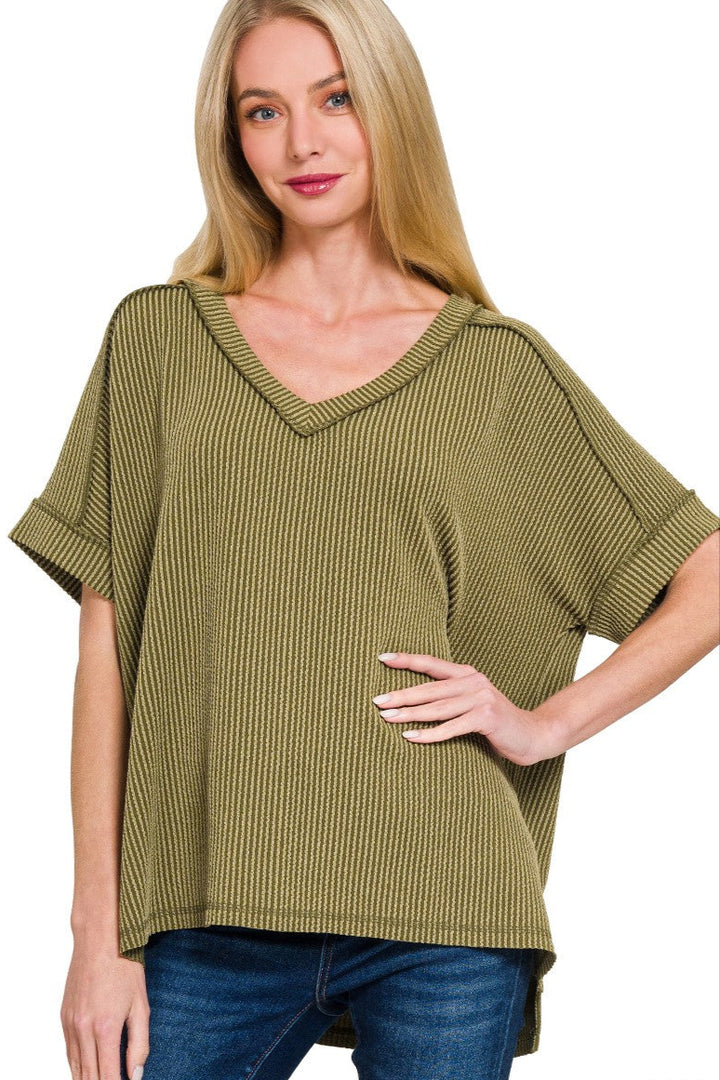 Zen Rib V Neck Hi-Low Tee (Olive)