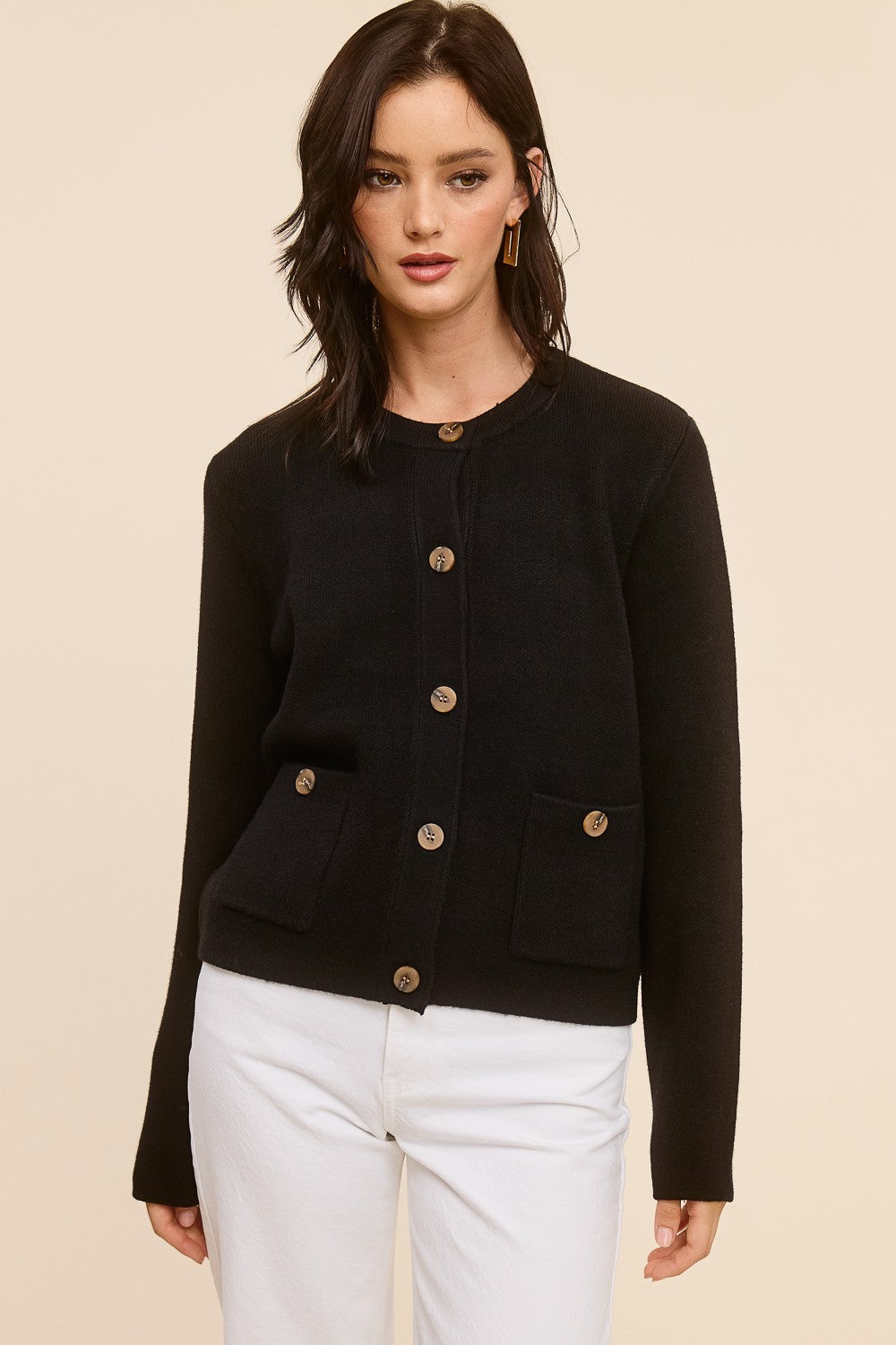 Jolie Cashmere Button Sweater Jacket (Black)