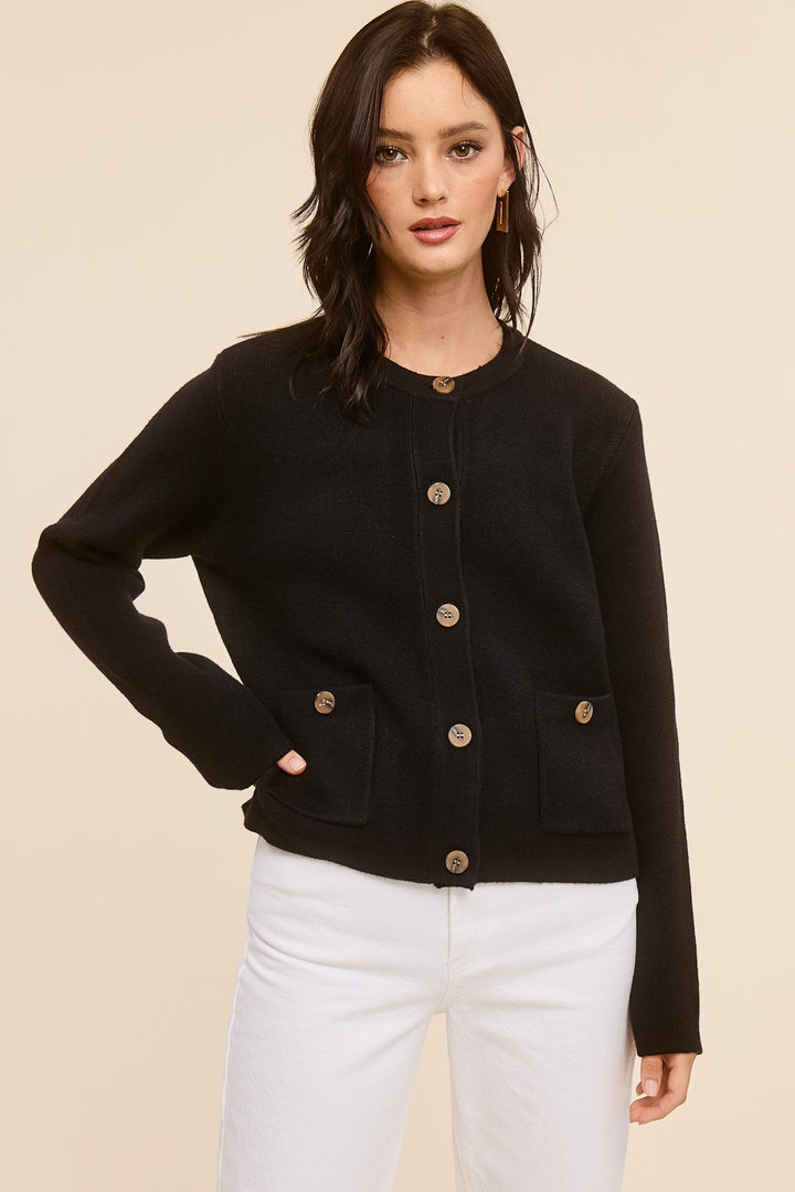 Jolie Cashmere Button Sweater Jacket (Black)