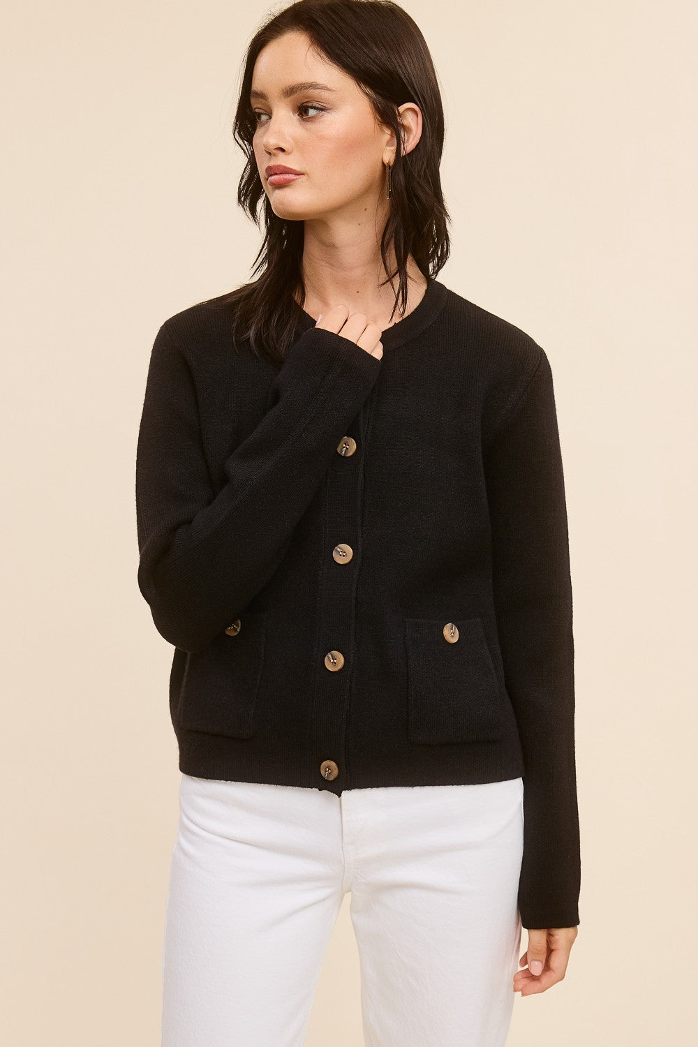 Jolie Cashmere Button Sweater Jacket (Black)