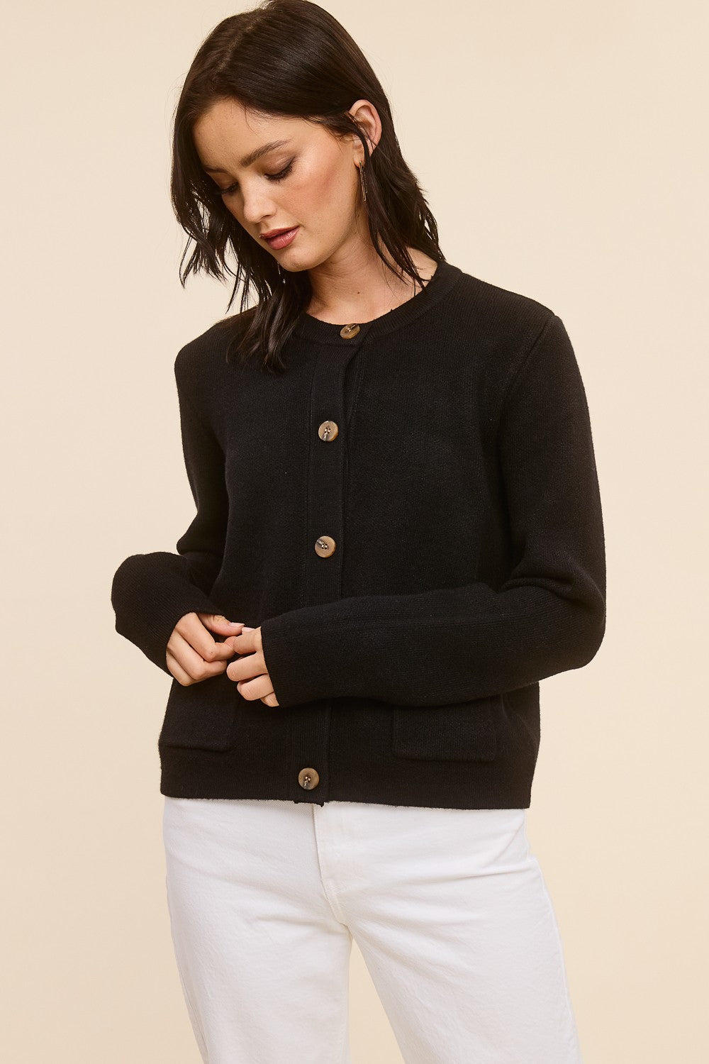 Jolie Cashmere Button Sweater Jacket (Black)