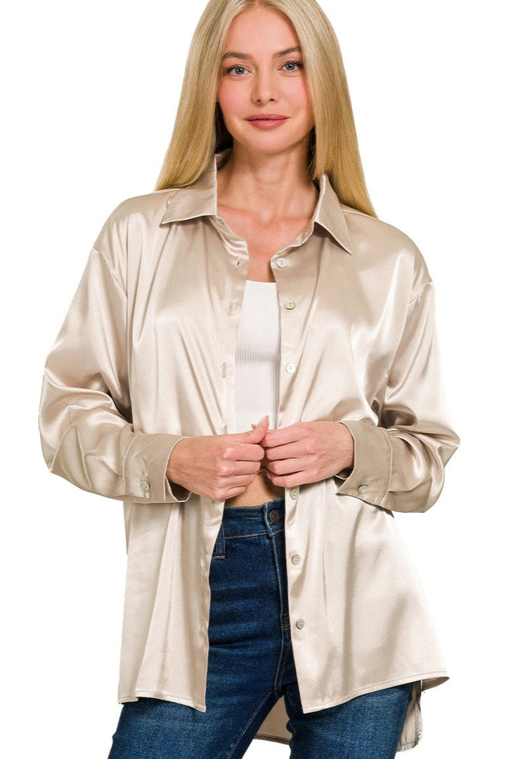 Zen Satin Button Down Shirt (Sand Beige)