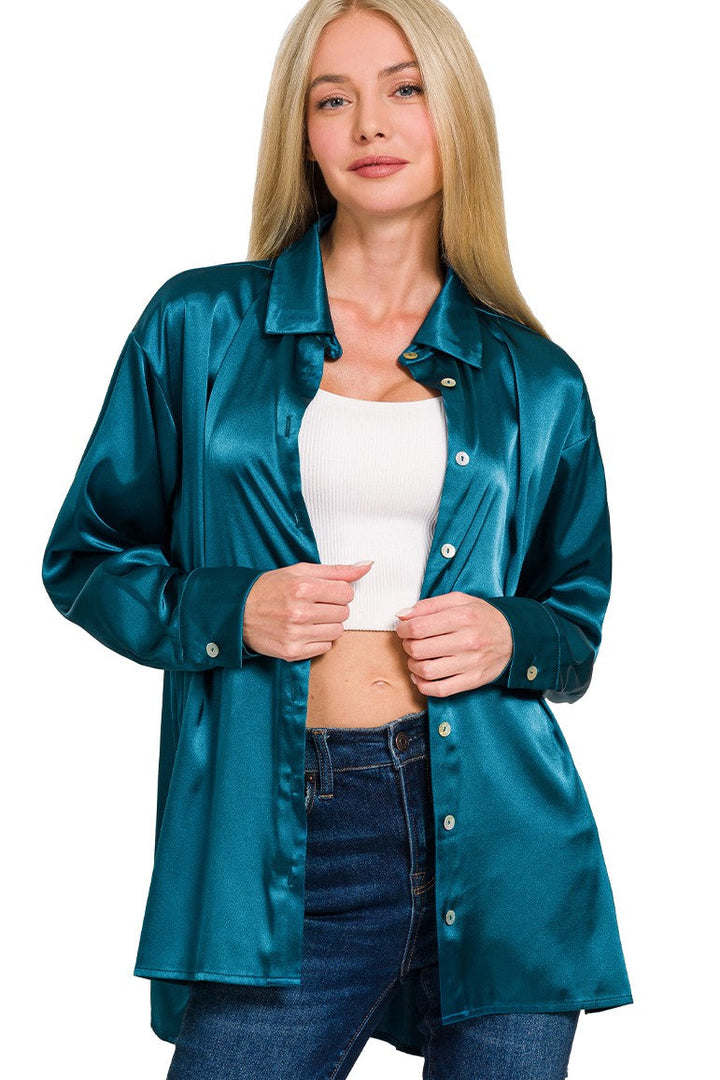 Zen Satin Button Down Shirt (Teal)