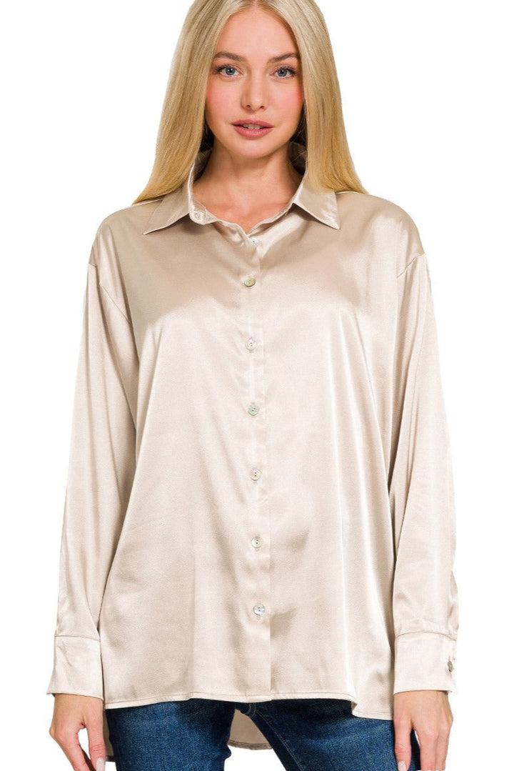 Zen Satin Button Down Shirt (Sand Beige)