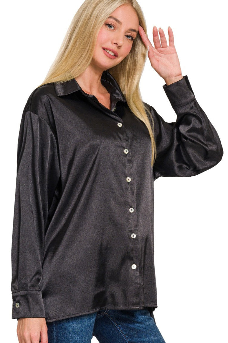 Zen Satin Button Down Shirt (Black)