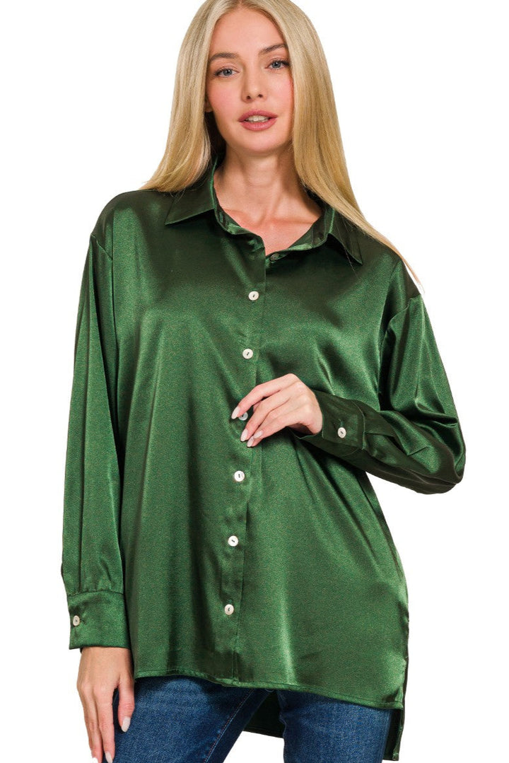 Zen Satin Button Down Shirt (Dark Green)