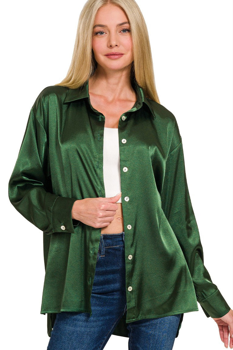 Zen Satin Button Down Shirt (Dark Green)