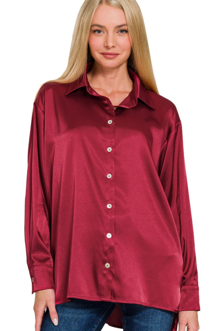 Zen Satin Button Down Shirt (Burgundy)