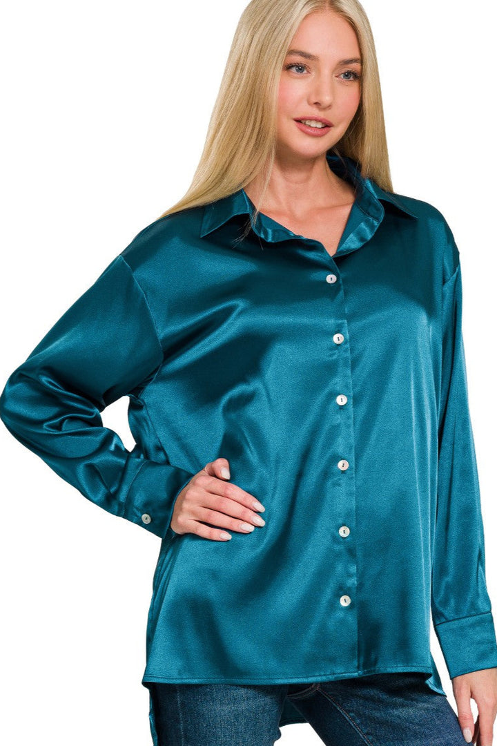 Zen Satin Button Down Shirt (Teal)