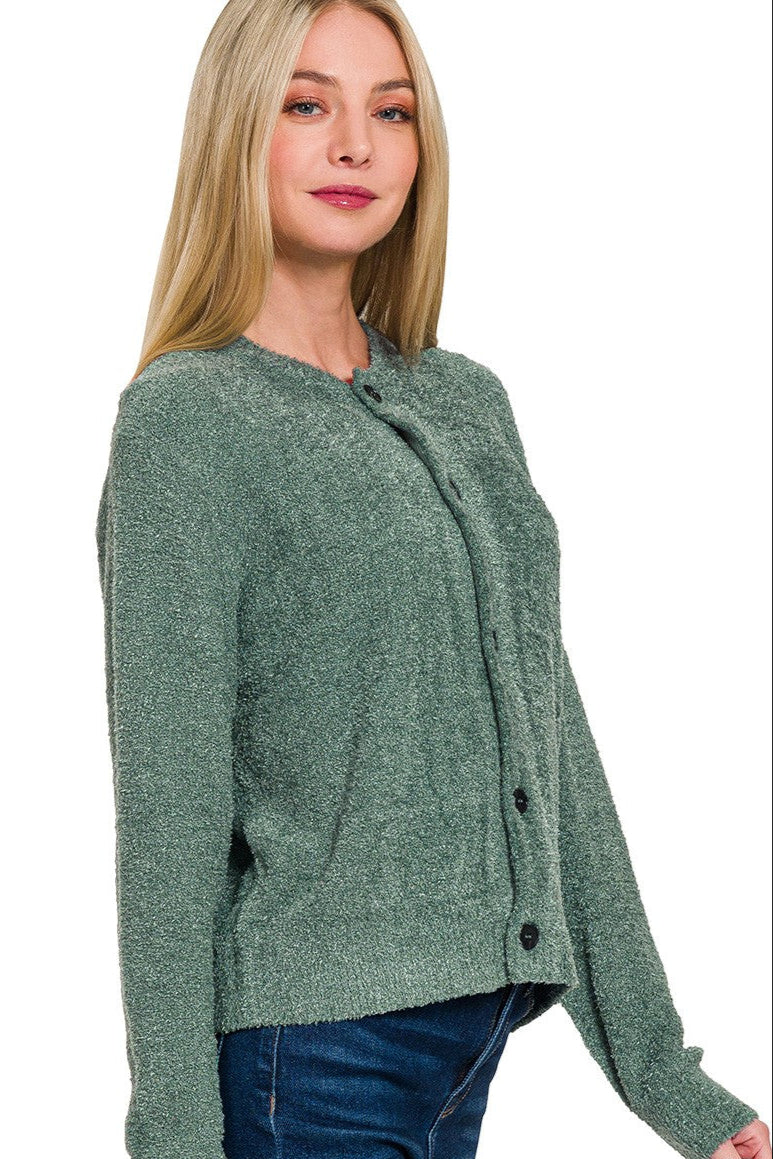 Zen Fuzzy Button Cardigan (Ash Jade)