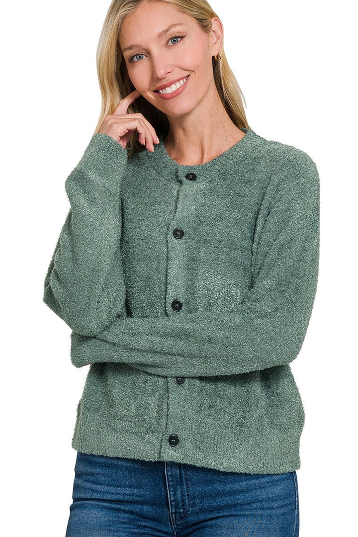 Zen Fuzzy Button Cardigan (Ash Jade)