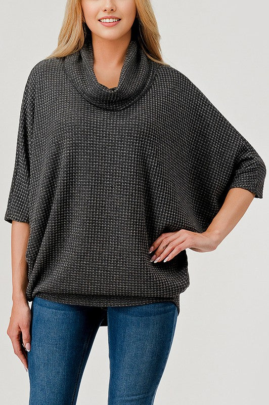 Natural Vibe Waffle Knit Cowl Neck Top (Charcoal)