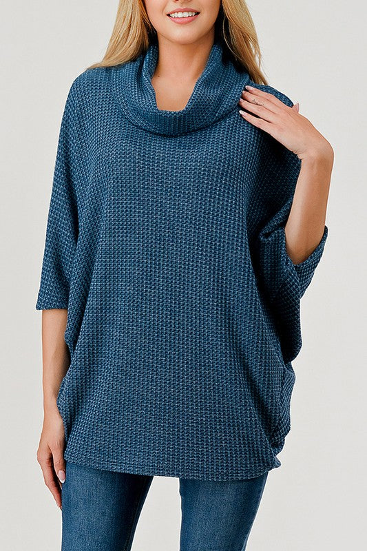 Natural Vibe Waffle Knit Cowl Neck Top (Teal)
