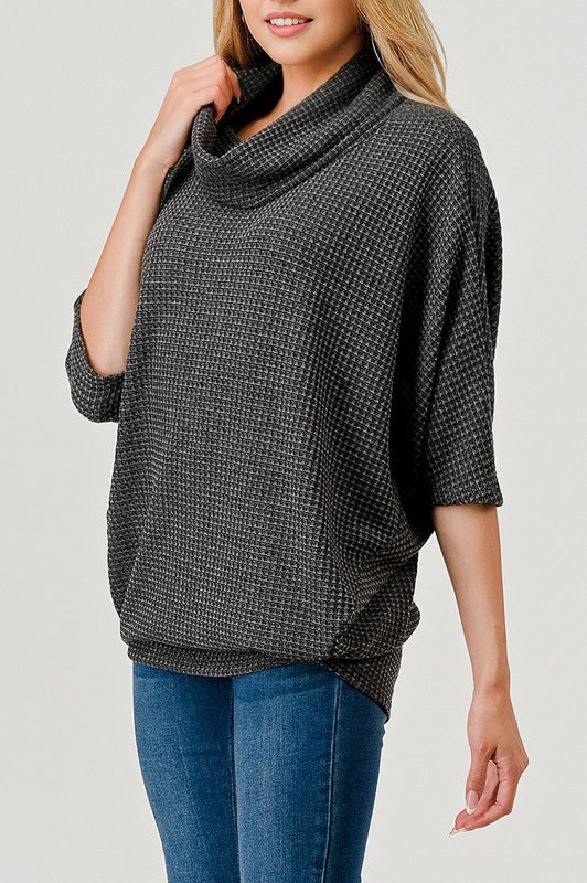 Natural Vibe Waffle Knit Cowl Neck Top (Charcoal)