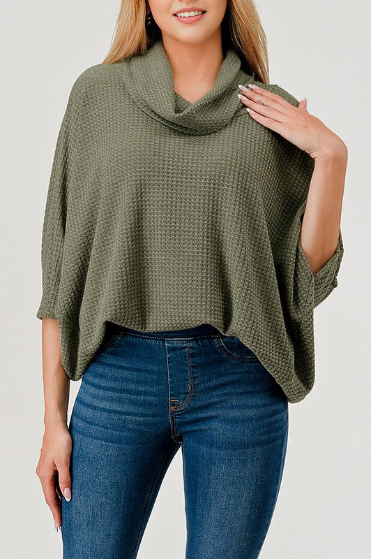 Natural Vibe Waffle Knit Cowl Neck Top (Olive)