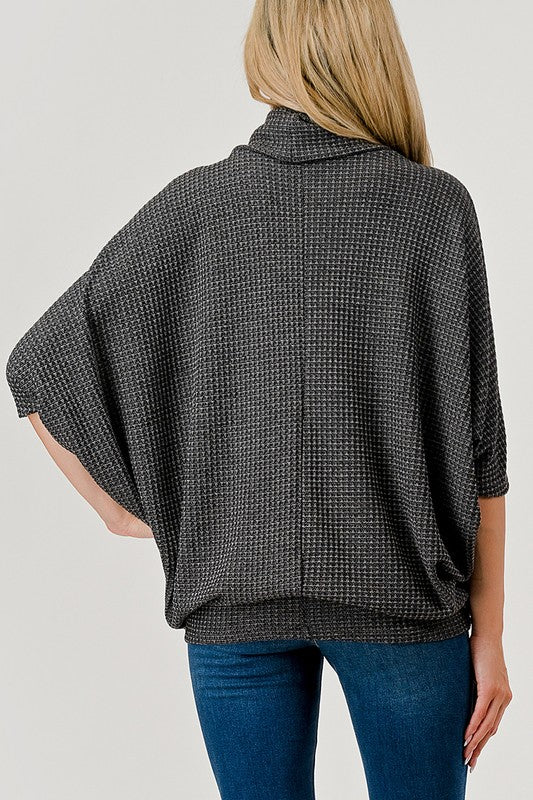 Natural Vibe Waffle Knit Cowl Neck Top (Charcoal)