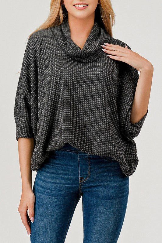 Natural Vibe Waffle Knit Cowl Neck Top (Charcoal)