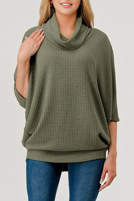 Natural Vibe Waffle Knit Cowl Neck Top (Olive)
